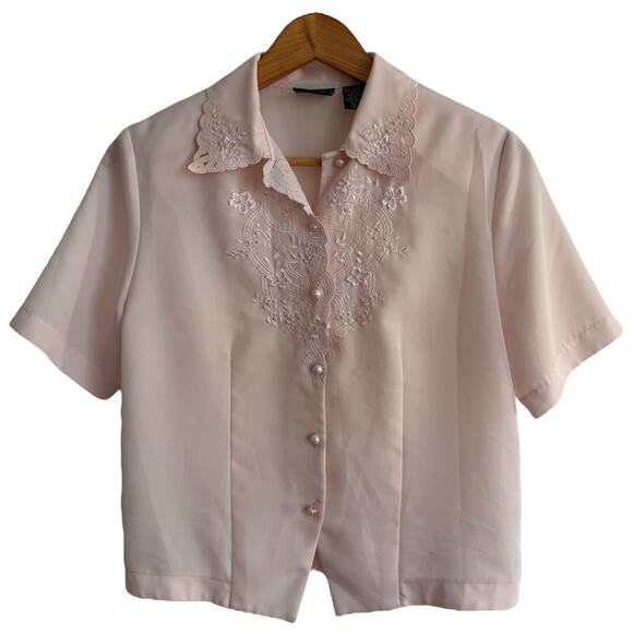 Vintage Embroidered Blouse – Pastel Pink Pearl Button Top - Picture 1 of 8